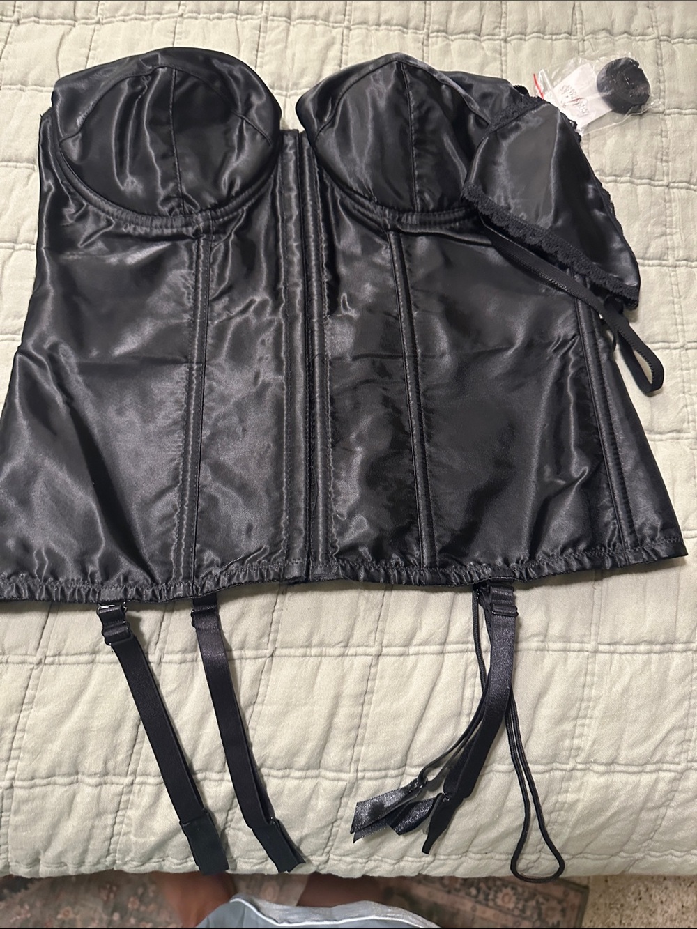 Frederick's of Hollywood Black Satin Longline Bustier with Garters
